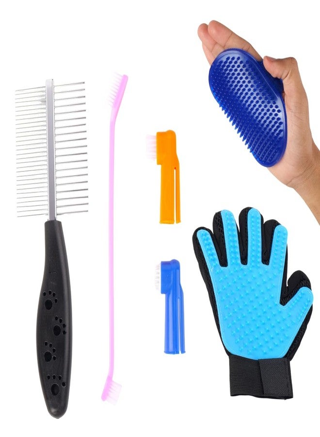 REGIIS Pet Grooming Kit with Deshedding Glove, Double-Sided Metal Comb, Soft Bristle Brush, Professional Dog Cat Hair Removal Tools Set, Blue and Black(PACK OF 4) - Image 1